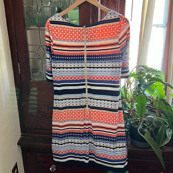 Pink & Blue Mixed Print Midi Shift Dress Size 12 Scoop Neck Back Zip Bohemian - Picture 8 of 16